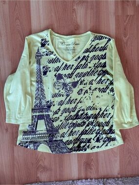 y2k vintage Yellow green sequin V-neck Eiffel Tower 3/4 sleeve Graphic Top